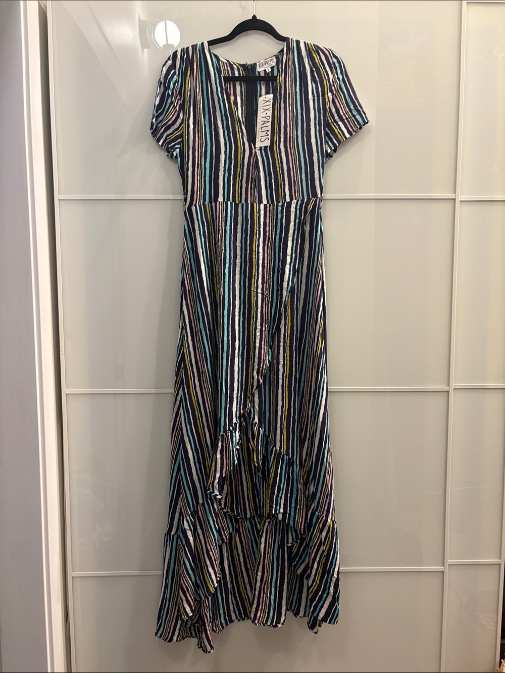 Xix Palms Striped Ruffle Maxi Dress with Short Sleeves